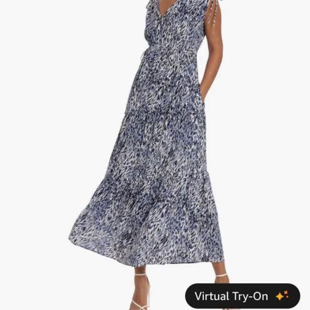 Maggy London V-Neck Maxi Dress in Blue and White Print sz 14